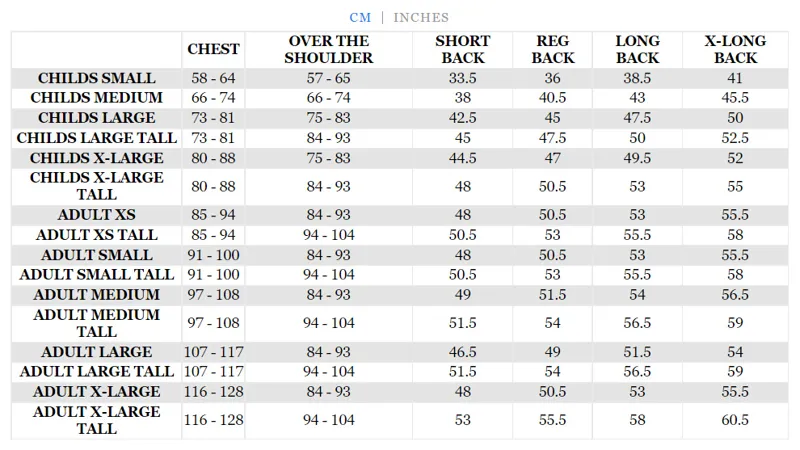 ProVent Size Chart