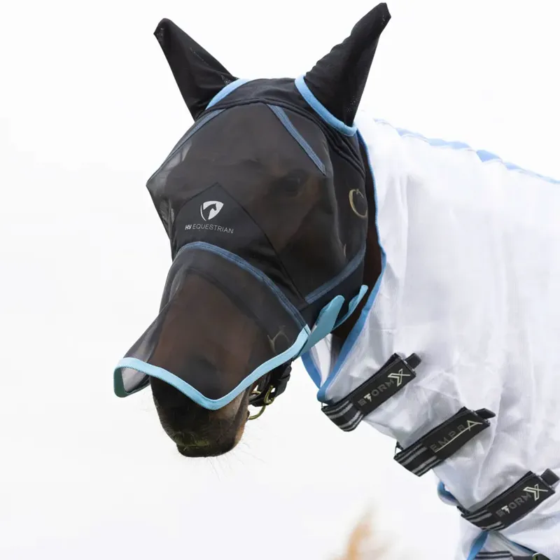 Hy Equestrian Mesh Full Mask with Ears and Nose - Black /Light Blue